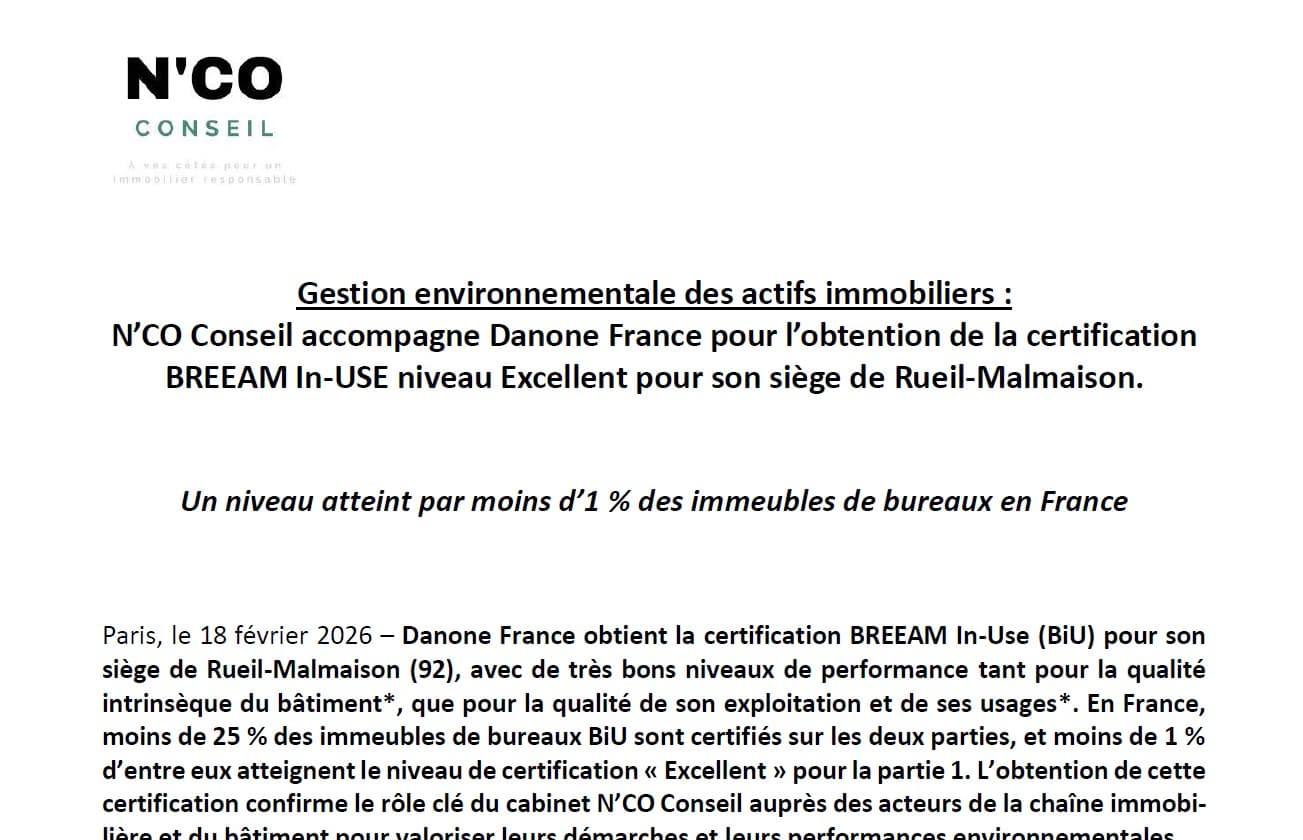 N'CO Conseil accompagne Danon France pour l'obtention de la certification BREEAM-In6USE Excellent de son siège